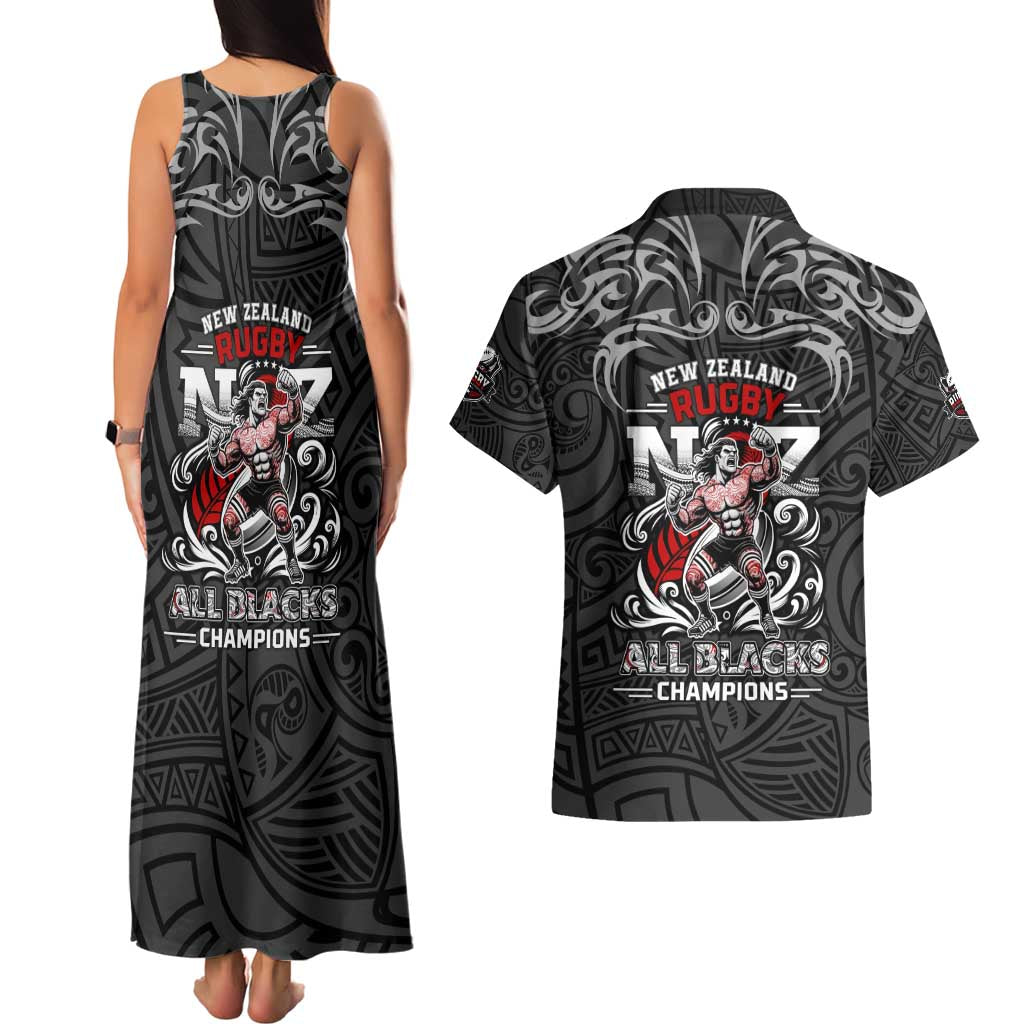 All Black NZL Rugby Champions Couples Matching Tank Maxi Dress and Hawaiian Shirt Maori Warrior DT02 - Polynesian Pride