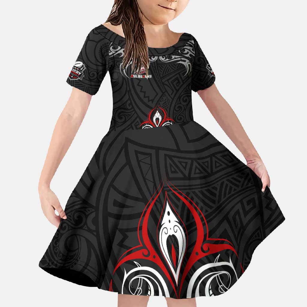 All Black NZL Rugby Champions Family Matching Long Sleeve Bodycon Dress and Hawaiian Shirt Maori Warrior DT02 Daughter's Dress Black - Polynesian Pride