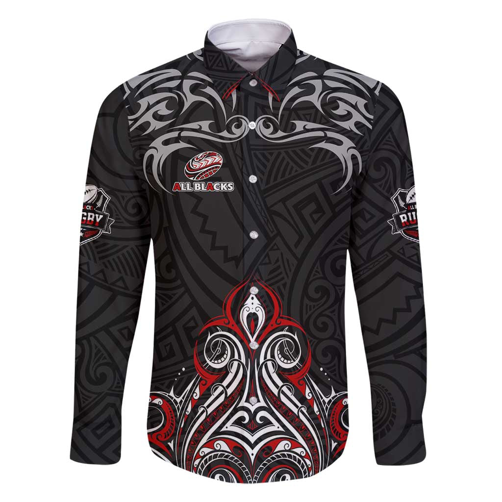 All Black NZL Rugby Champions Family Matching Long Sleeve Bodycon Dress and Hawaiian Shirt Maori Warrior DT02 Dad's Shirt - Long Sleeve Black - Polynesian Pride