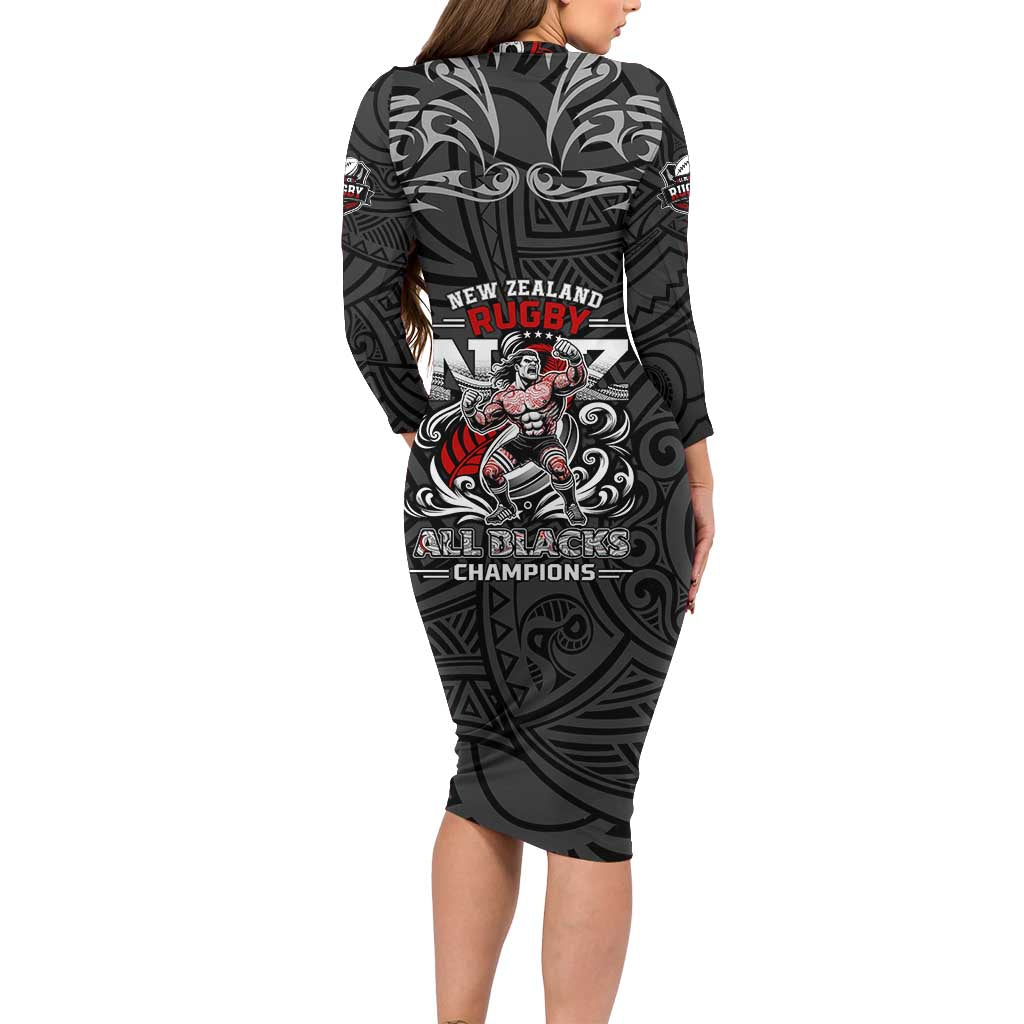 All Black NZL Rugby Champions Family Matching Long Sleeve Bodycon Dress and Hawaiian Shirt Maori Warrior DT02 - Polynesian Pride