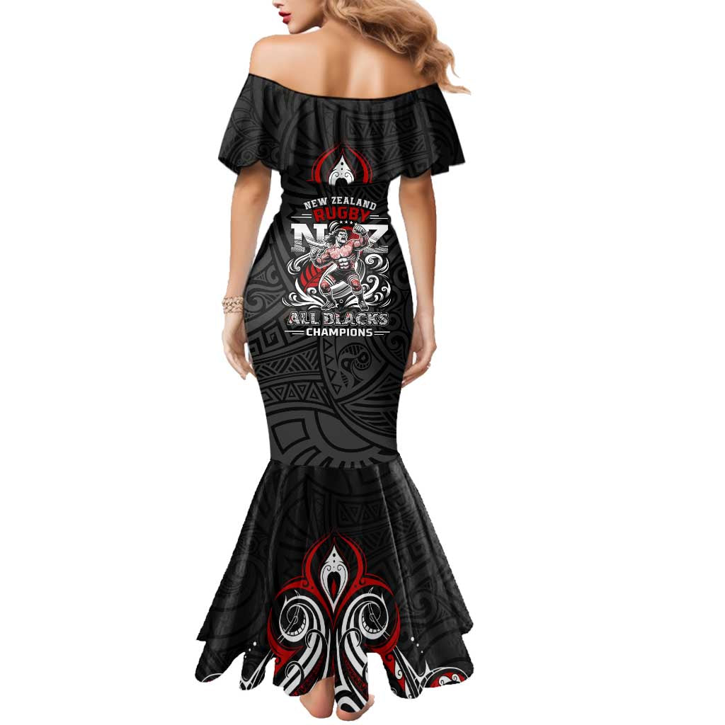 All Black NZL Rugby Champions Family Matching Mermaid Dress and Hawaiian Shirt Maori Warrior DT02 - Polynesian Pride