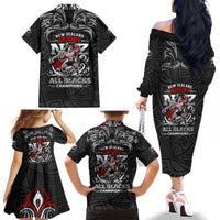 All Black NZL Rugby Champions Family Matching Off The Shoulder Long Sleeve Dress and Hawaiian Shirt Maori Warrior DT02 - Polynesian Pride