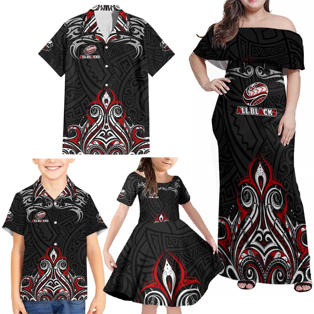 All Black NZL Rugby Champions Family Matching Off Shoulder Maxi Dress and Hawaiian Shirt Maori Warrior DT02 - Polynesian Pride