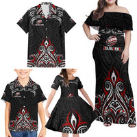 All Black NZL Rugby Champions Family Matching Off Shoulder Maxi Dress and Hawaiian Shirt Maori Warrior DT02 - Polynesian Pride