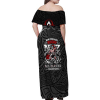 All Black NZL Rugby Champions Family Matching Off Shoulder Maxi Dress and Hawaiian Shirt Maori Warrior DT02 - Polynesian Pride