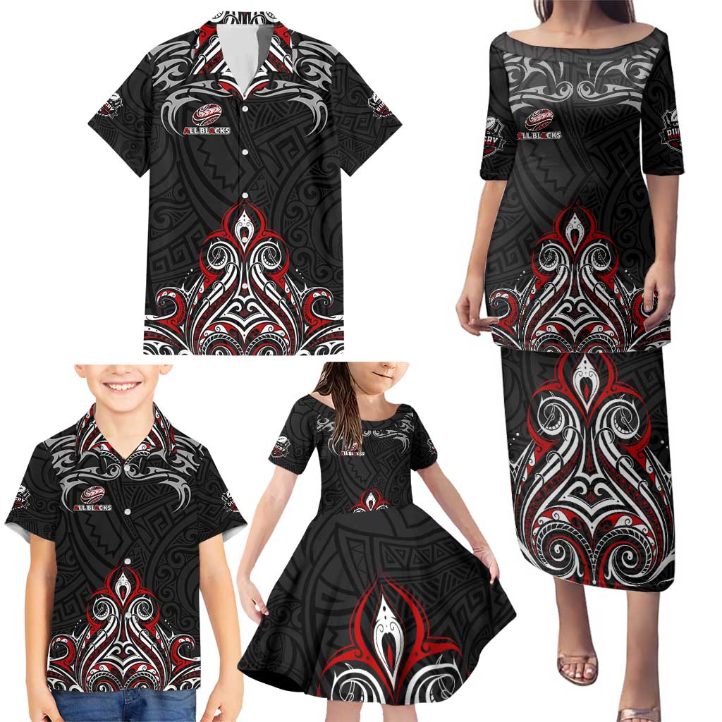 All Black NZL Rugby Champions Family Matching Puletasi and Hawaiian Shirt Maori Warrior DT02 - Polynesian Pride