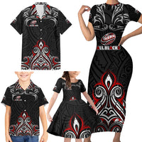 All Black NZL Rugby Champions Family Matching Short Sleeve Bodycon Dress and Hawaiian Shirt Maori Warrior DT02 - Polynesian Pride