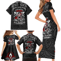 All Black NZL Rugby Champions Family Matching Short Sleeve Bodycon Dress and Hawaiian Shirt Maori Warrior DT02 - Polynesian Pride