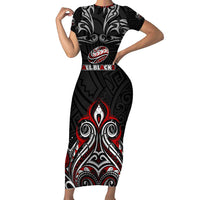 All Black NZL Rugby Champions Family Matching Short Sleeve Bodycon Dress and Hawaiian Shirt Maori Warrior DT02 Mom's Dress Black - Polynesian Pride