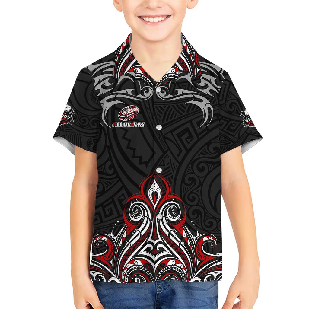 All Black NZL Rugby Champions Family Matching Short Sleeve Bodycon Dress and Hawaiian Shirt Maori Warrior DT02 Son's Shirt Black - Polynesian Pride