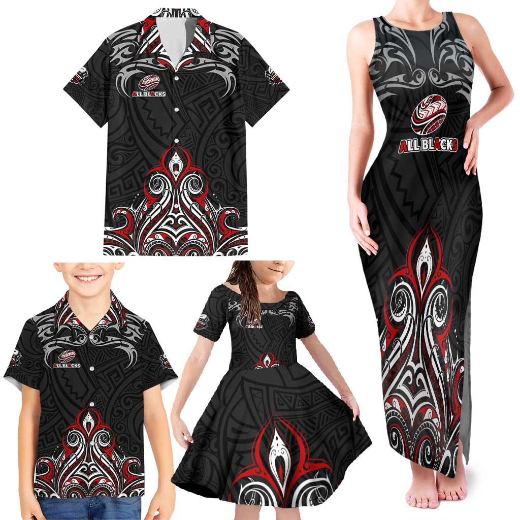 All Black NZL Rugby Champions Family Matching Tank Maxi Dress and Hawaiian Shirt Maori Warrior DT02 - Polynesian Pride