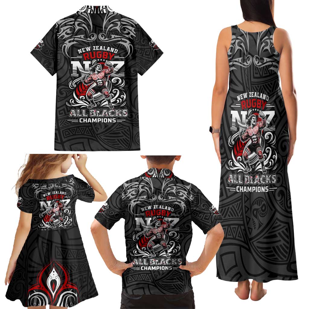 All Black NZL Rugby Champions Family Matching Tank Maxi Dress and Hawaiian Shirt Maori Warrior DT02 - Polynesian Pride
