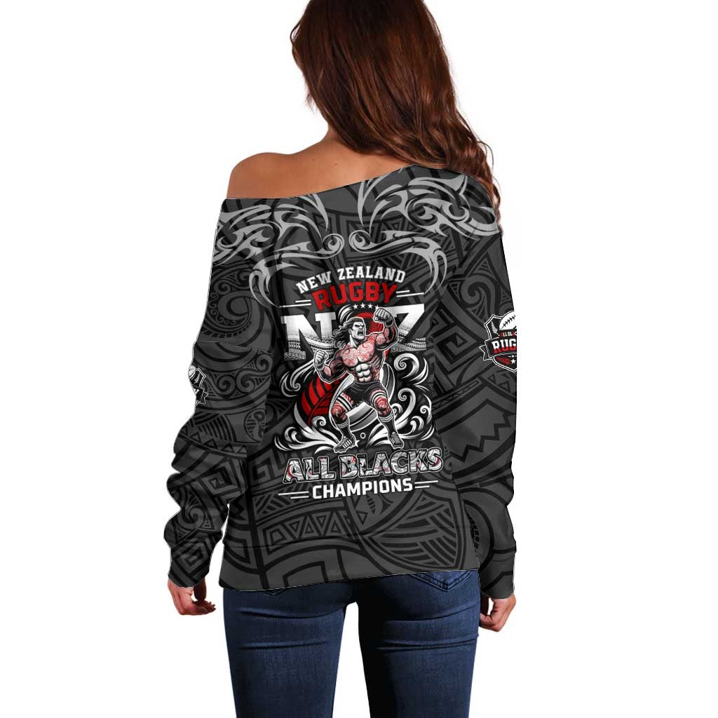 All Black NZL Rugby Champions Off Shoulder Sweater Maori Warrior