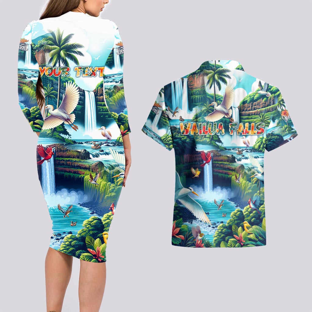 Wailua Falls Hawaii Couples Matching Long Sleeve Bodycon Dress and Hawaiian Shirt Kauai Natural Beauty DT02 - Polynesian Pride