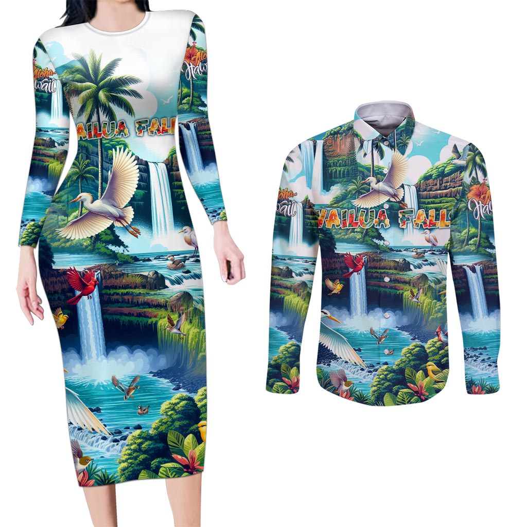 Wailua Falls Hawaii Couples Matching Long Sleeve Bodycon Dress and Long Sleeve Button Shirt Kauai Natural Beauty DT02 Art - Polynesian Pride