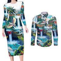 Wailua Falls Hawaii Couples Matching Long Sleeve Bodycon Dress and Long Sleeve Button Shirt Kauai Natural Beauty DT02 Art - Polynesian Pride