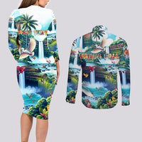Wailua Falls Hawaii Couples Matching Long Sleeve Bodycon Dress and Long Sleeve Button Shirt Kauai Natural Beauty DT02 - Polynesian Pride