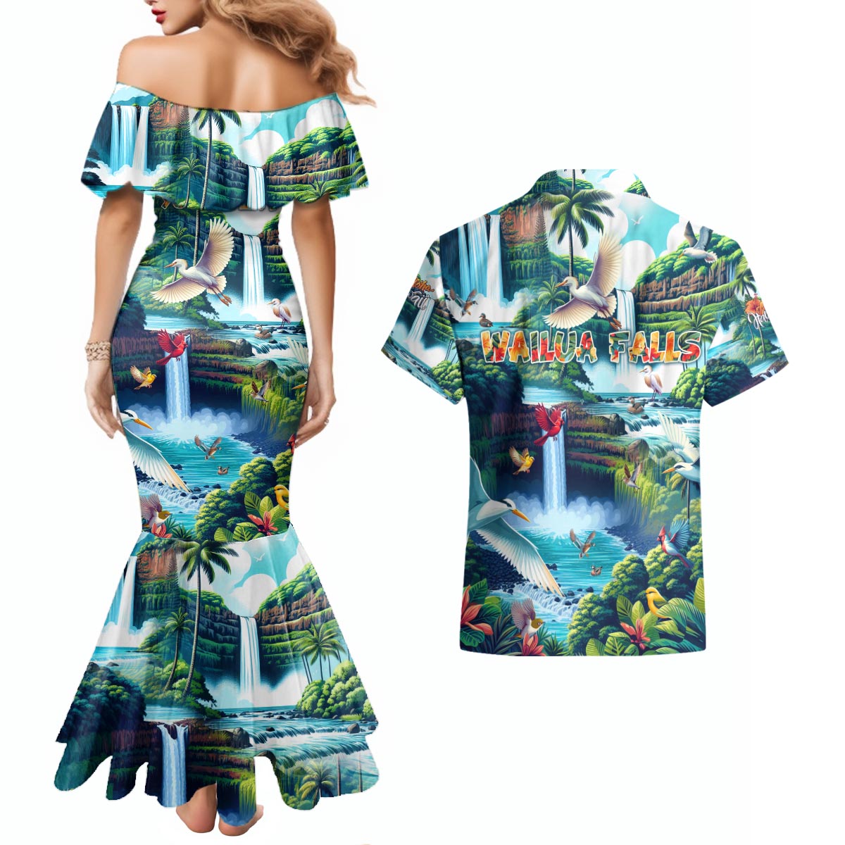 Wailua Falls Hawaii Couples Matching Mermaid Dress and Hawaiian Shirt Kauai Natural Beauty DT02 - Polynesian Pride