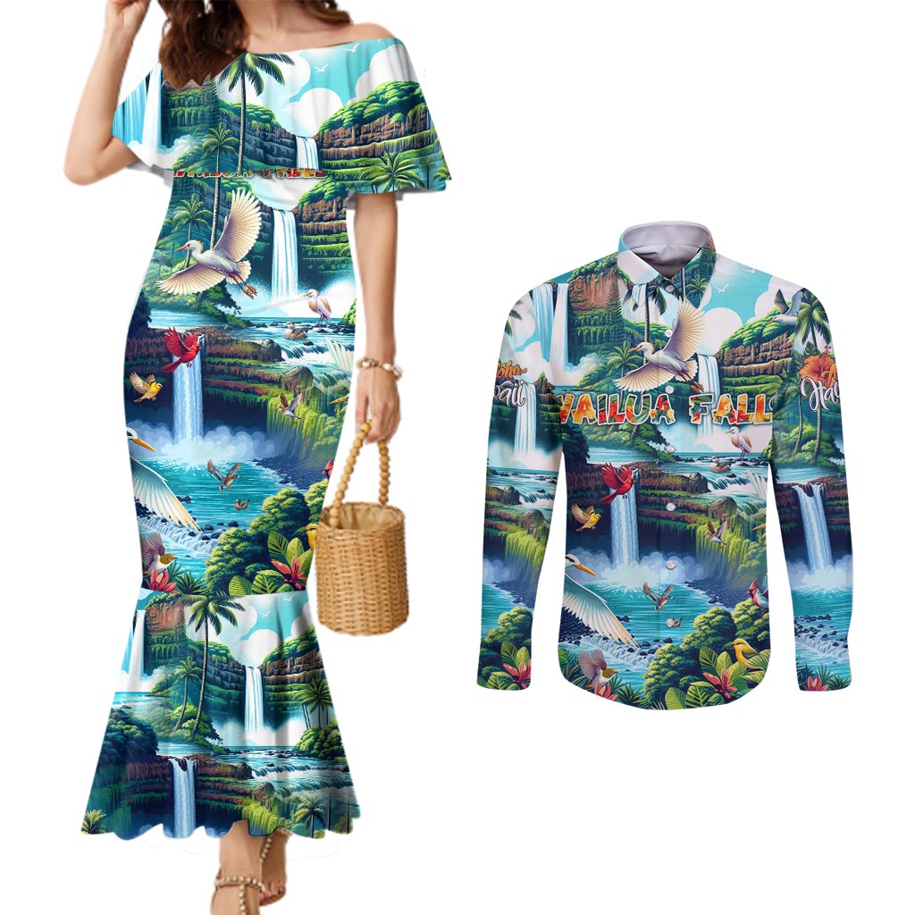 Wailua Falls Hawaii Couples Matching Mermaid Dress and Long Sleeve Button Shirt Kauai Natural Beauty DT02 Art - Polynesian Pride
