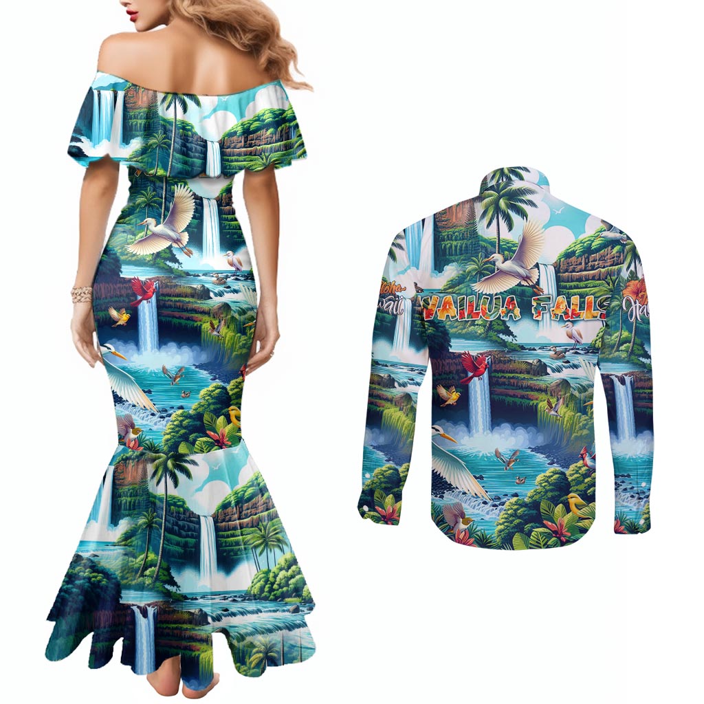 Wailua Falls Hawaii Couples Matching Mermaid Dress and Long Sleeve Button Shirt Kauai Natural Beauty DT02 - Polynesian Pride