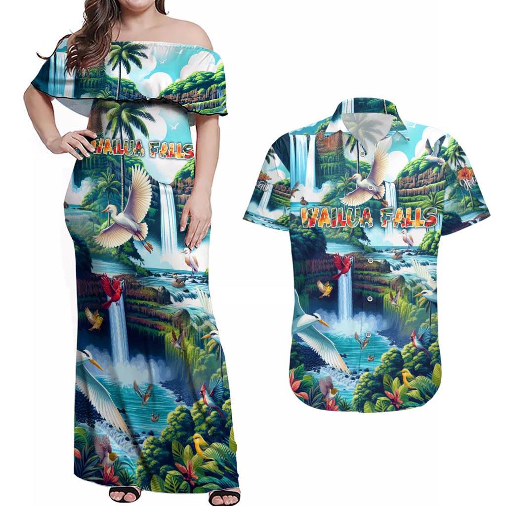 Wailua Falls Hawaii Couples Matching Off Shoulder Maxi Dress and Hawaiian Shirt Kauai Natural Beauty DT02 Art - Polynesian Pride