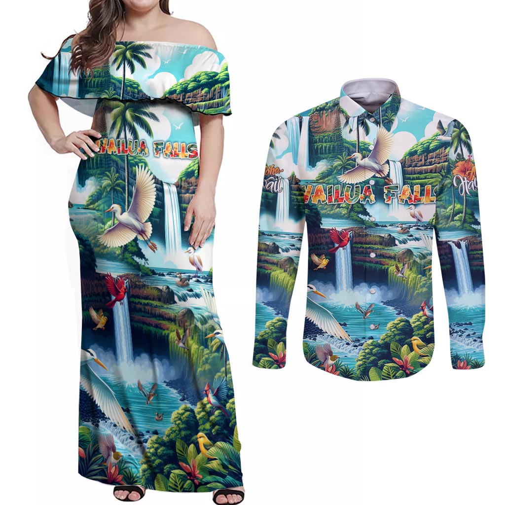 Wailua Falls Hawaii Couples Matching Off Shoulder Maxi Dress and Long Sleeve Button Shirt Kauai Natural Beauty DT02 Art - Polynesian Pride