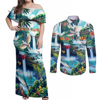 Wailua Falls Hawaii Couples Matching Off Shoulder Maxi Dress and Long Sleeve Button Shirt Kauai Natural Beauty DT02 Art - Polynesian Pride