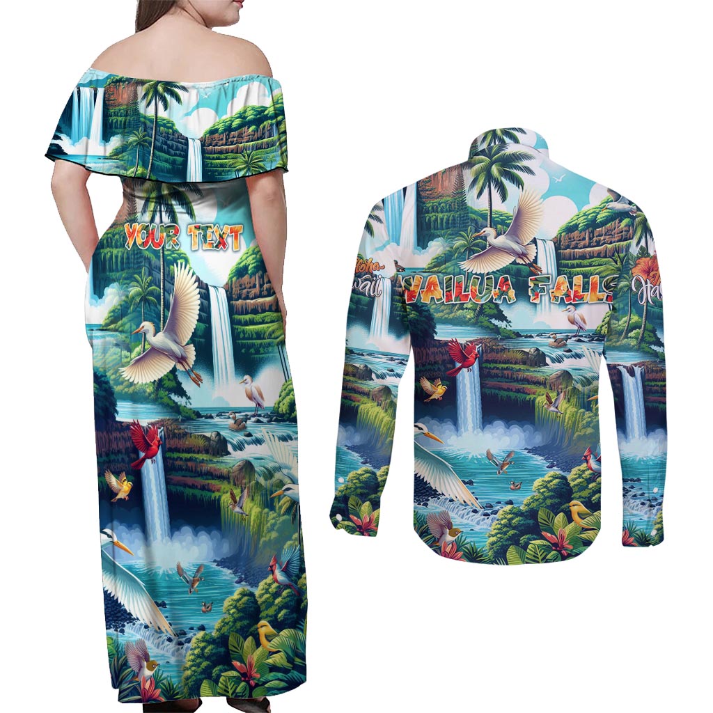 Wailua Falls Hawaii Couples Matching Off Shoulder Maxi Dress and Long Sleeve Button Shirt Kauai Natural Beauty DT02 - Polynesian Pride