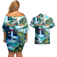 Wailua Falls Hawaii Couples Matching Off Shoulder Short Dress and Hawaiian Shirt Kauai Natural Beauty DT02 - Polynesian Pride