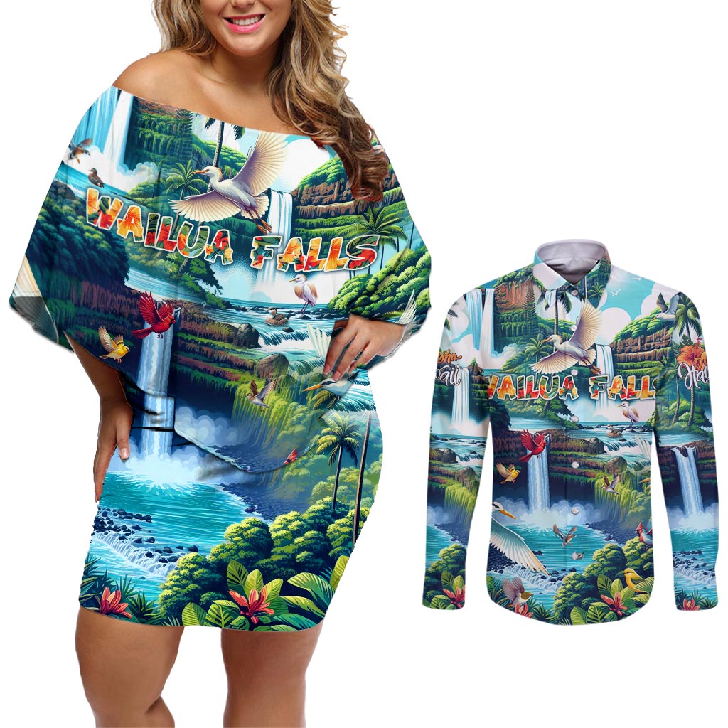 Wailua Falls Hawaii Couples Matching Off Shoulder Short Dress and Long Sleeve Button Shirt Kauai Natural Beauty