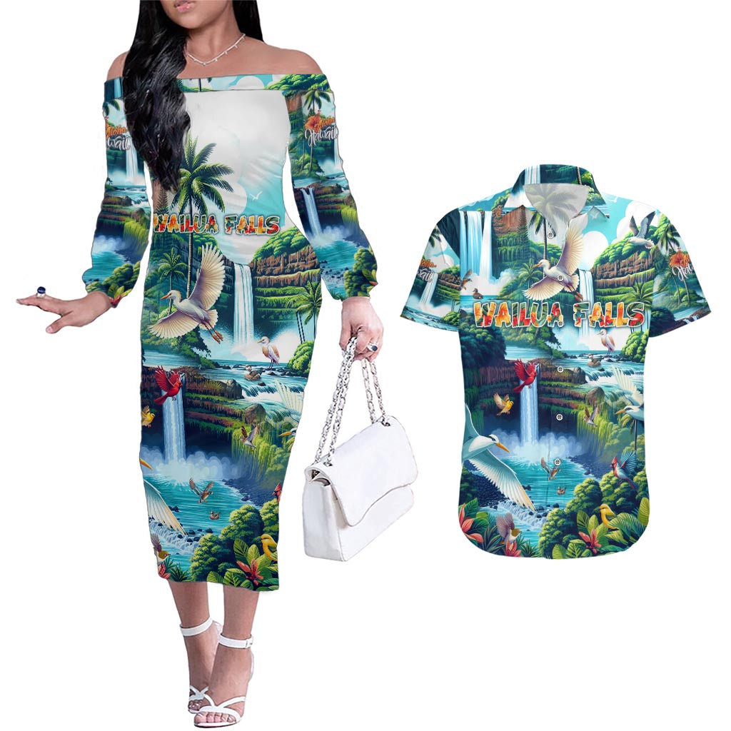 Wailua Falls Hawaii Couples Matching Off The Shoulder Long Sleeve Dress and Hawaiian Shirt Kauai Natural Beauty