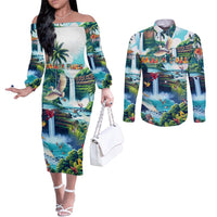 Wailua Falls Hawaii Couples Matching Off The Shoulder Long Sleeve Dress and Long Sleeve Button Shirt Kauai Natural Beauty DT02 Art - Polynesian Pride