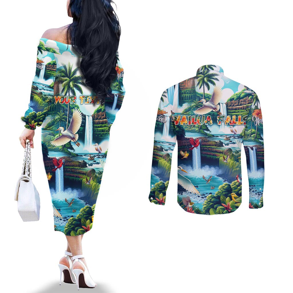 Wailua Falls Hawaii Couples Matching Off The Shoulder Long Sleeve Dress and Long Sleeve Button Shirt Kauai Natural Beauty DT02 - Polynesian Pride