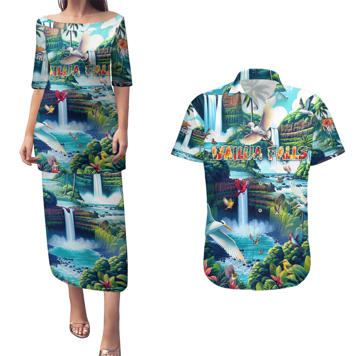 Wailua Falls Hawaii Couples Matching Puletasi and Hawaiian Shirt Kauai Natural Beauty DT02 Art - Polynesian Pride
