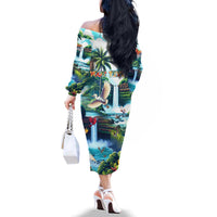 Wailua Falls Hawaii Family Matching Off The Shoulder Long Sleeve Dress and Hawaiian Shirt Kauai Natural Beauty