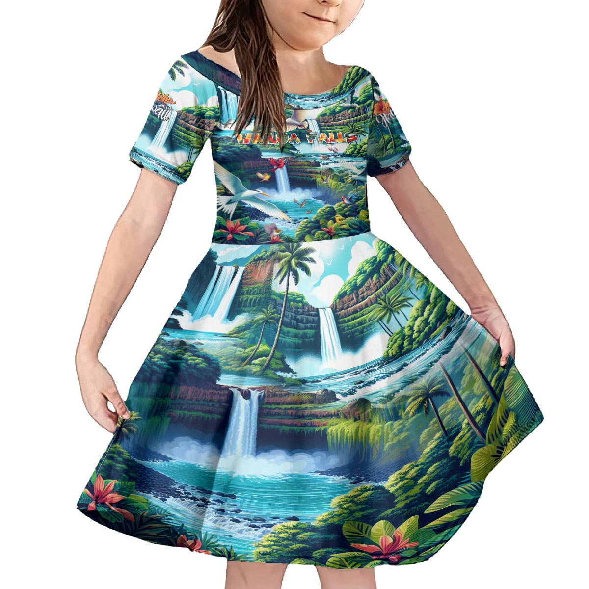 Wailua Falls Hawaii Family Matching Puletasi and Hawaiian Shirt Kauai Natural Beauty DT02 Daughter's Dress Art - Polynesian Pride