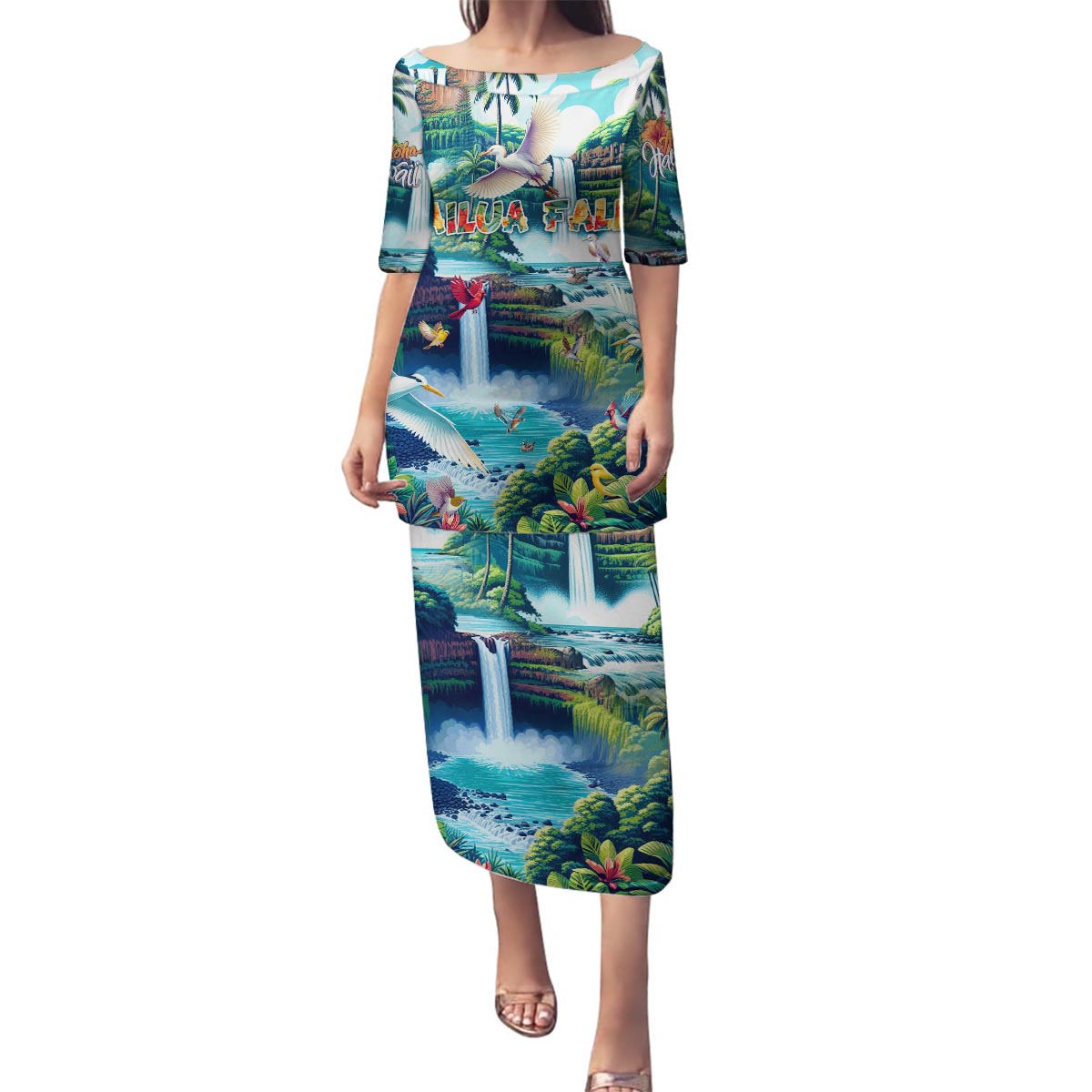 Wailua Falls Hawaii Family Matching Puletasi and Hawaiian Shirt Kauai Natural Beauty DT02 Mom's Dress Art - Polynesian Pride