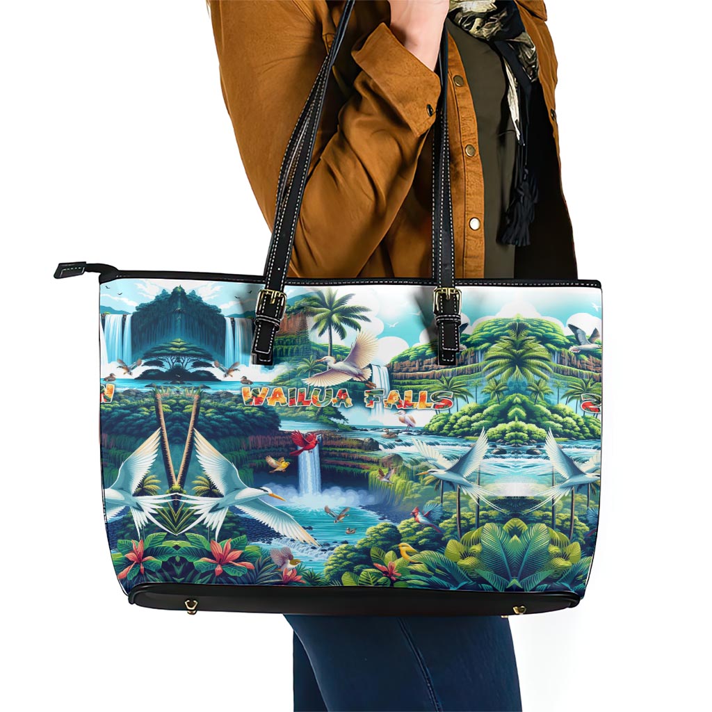 Wailua Falls Hawaii Leather Tote Bag Kauai Natural Beauty