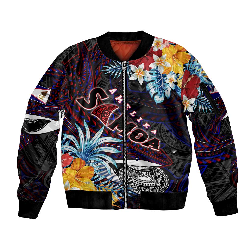Personalized Amelika Samoa Sharks Polynesia Sleeve Zip Bomber Jacket American Samoa DT02 Unisex Black - Polynesian Pride