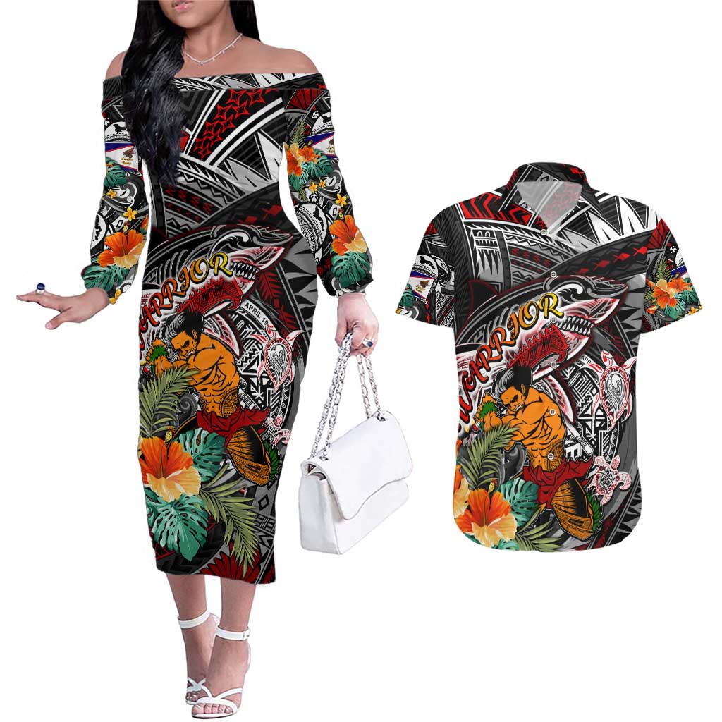 Personalized American Samoa Warrior Couples Matching Off The Shoulder Long Sleeve Dress and Hawaiian Shirt Shark Turtle Polynesian Tattoo DT02 Black - Polynesian Pride