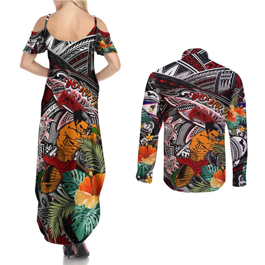 Personalized American Samoa Warrior Couples Matching Summer Maxi Dress and Long Sleeve Button Shirt Shark Turtle Polynesian Tattoo