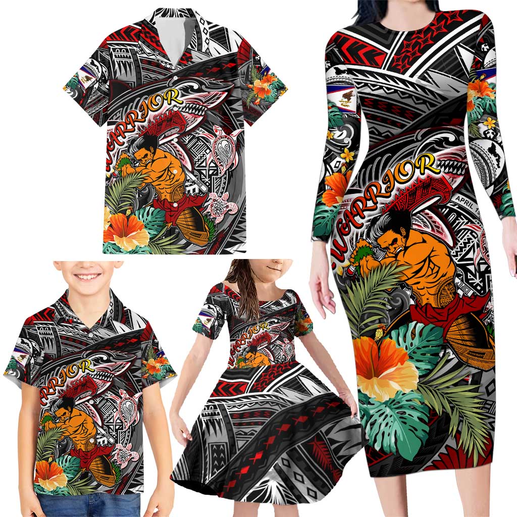 Personalized American Samoa Warrior Family Matching Long Sleeve Bodycon Dress and Hawaiian Shirt Shark Turtle Polynesian Tattoo DT02 - Polynesian Pride