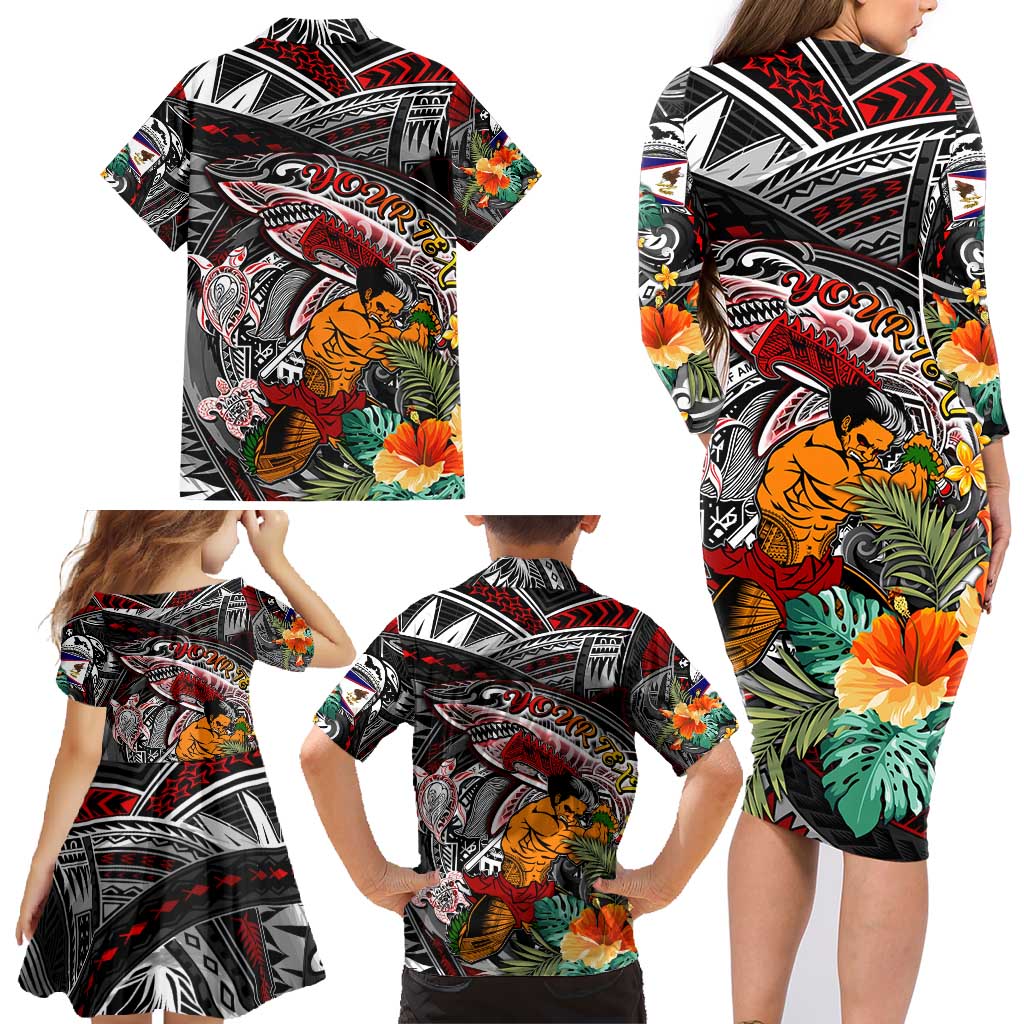 Personalized American Samoa Warrior Family Matching Long Sleeve Bodycon Dress and Hawaiian Shirt Shark Turtle Polynesian Tattoo DT02 - Polynesian Pride