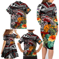 Personalized American Samoa Warrior Family Matching Long Sleeve Bodycon Dress and Hawaiian Shirt Shark Turtle Polynesian Tattoo DT02 - Polynesian Pride