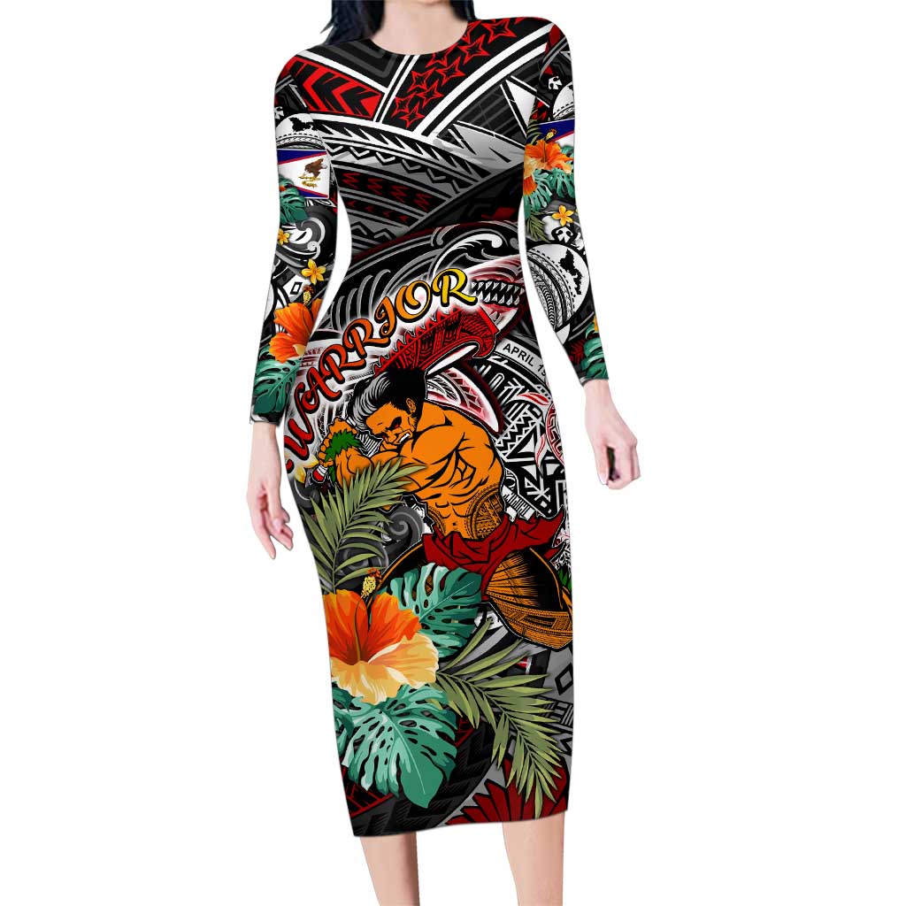 Personalized American Samoa Warrior Family Matching Long Sleeve Bodycon Dress and Hawaiian Shirt Shark Turtle Polynesian Tattoo DT02 Mom's Dress Black - Polynesian Pride