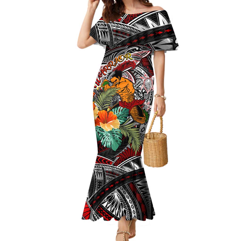 Personalized American Samoa Warrior Family Matching Mermaid Dress and Hawaiian Shirt Shark Turtle Polynesian Tattoo DT02 Mom's Dress Black - Polynesian Pride