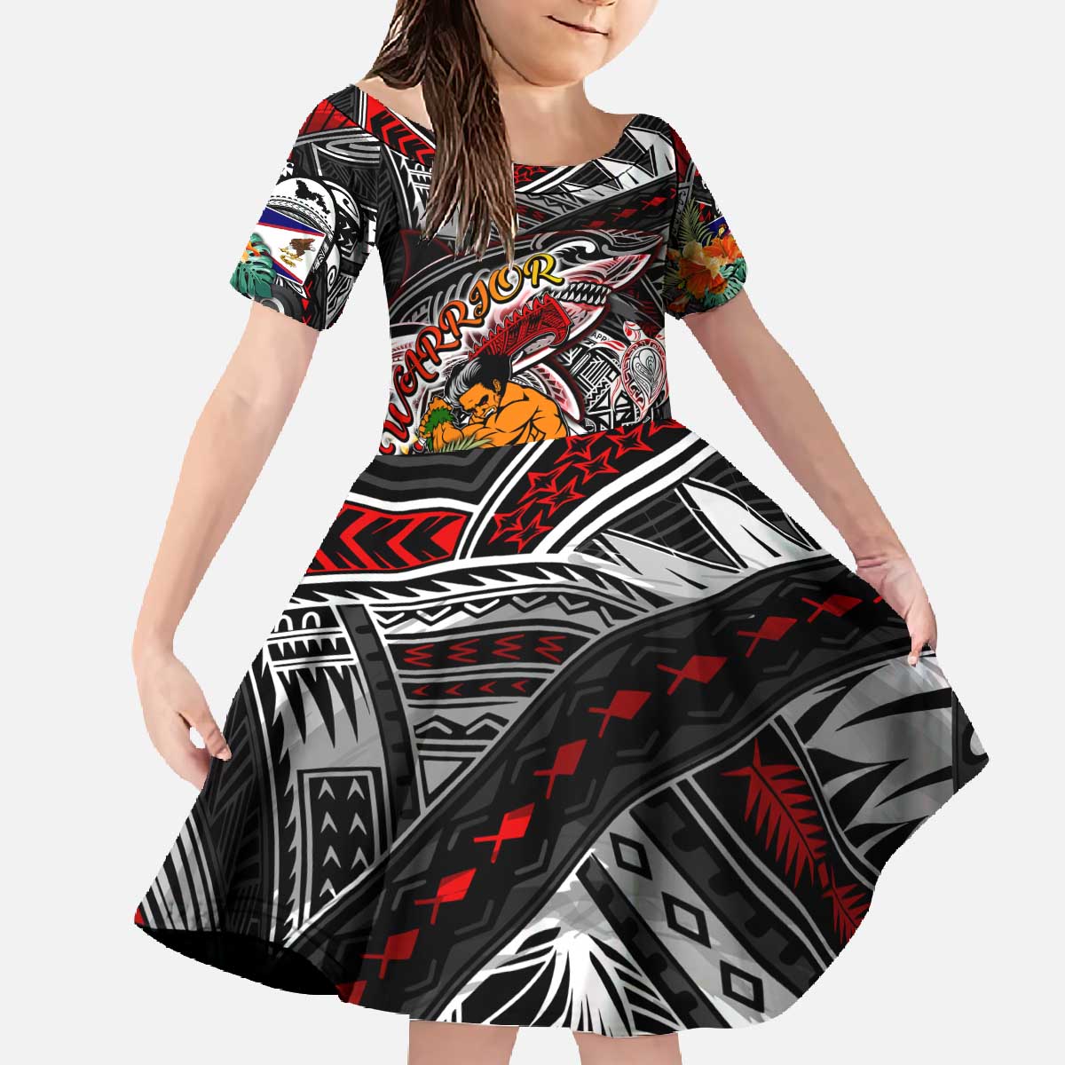 Personalized American Samoa Warrior Family Matching Off The Shoulder Long Sleeve Dress and Hawaiian Shirt Shark Turtle Polynesian Tattoo DT02 Daughter's Dress Black - Polynesian Pride