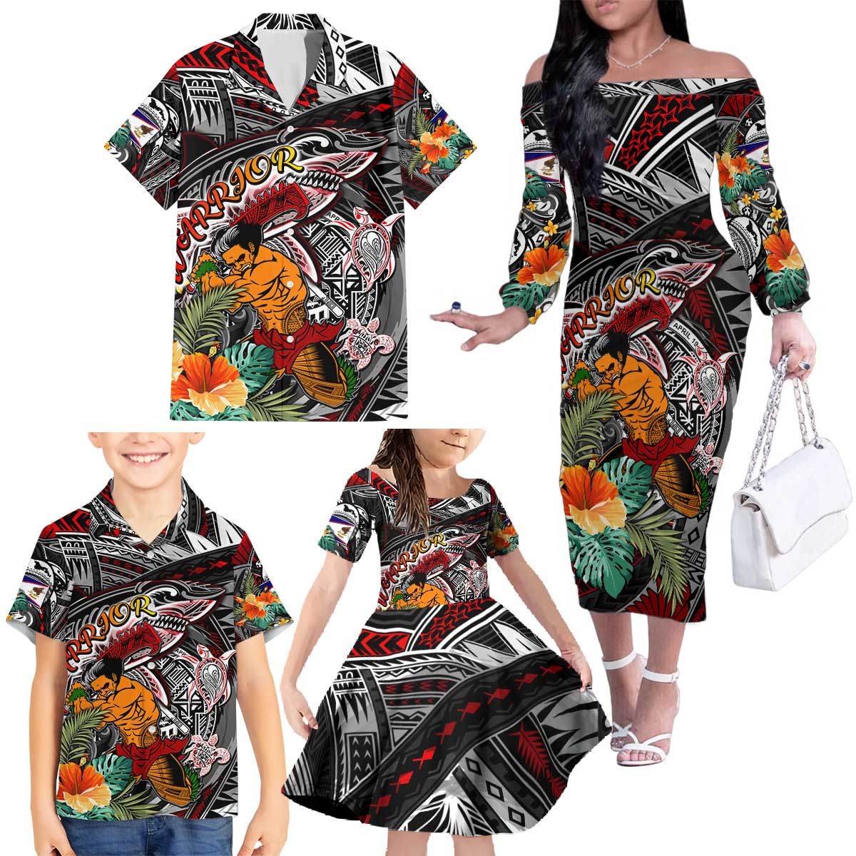 Personalized American Samoa Warrior Family Matching Off The Shoulder Long Sleeve Dress and Hawaiian Shirt Shark Turtle Polynesian Tattoo DT02 - Polynesian Pride