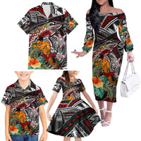 Personalized American Samoa Warrior Family Matching Off The Shoulder Long Sleeve Dress and Hawaiian Shirt Shark Turtle Polynesian Tattoo DT02 - Polynesian Pride