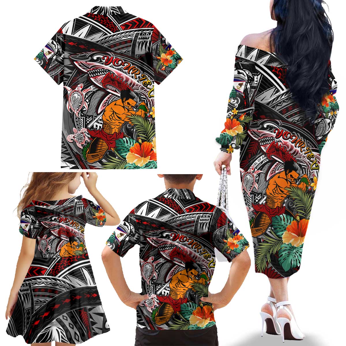 Personalized American Samoa Warrior Family Matching Off The Shoulder Long Sleeve Dress and Hawaiian Shirt Shark Turtle Polynesian Tattoo DT02 - Polynesian Pride